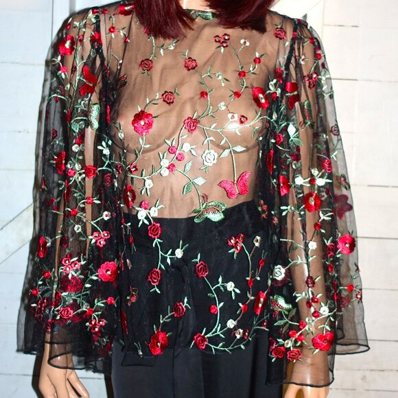 Rose Collection Black Sheer Floral Blouse M NWT - Picture 1 of 8